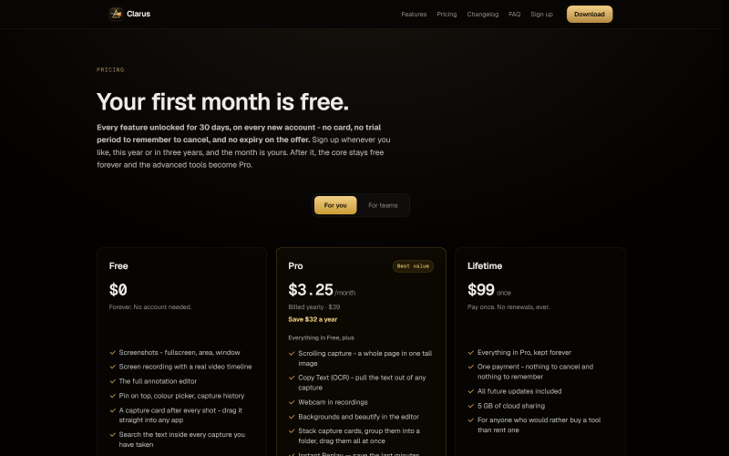Clarus pricing and team billing
